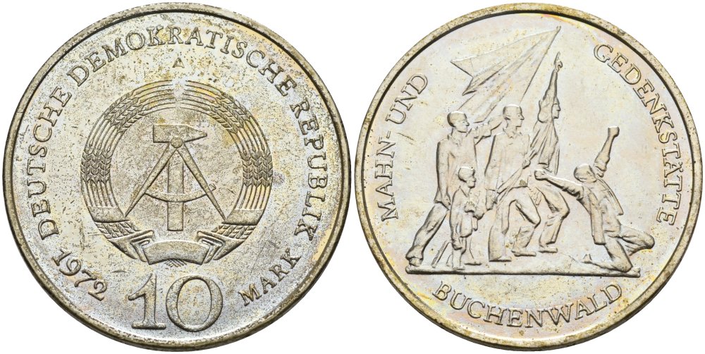ГДР 10 марок 1972 A, мемориал Бухенвальда KM 38, J. 1539 медно-никель 4574-646