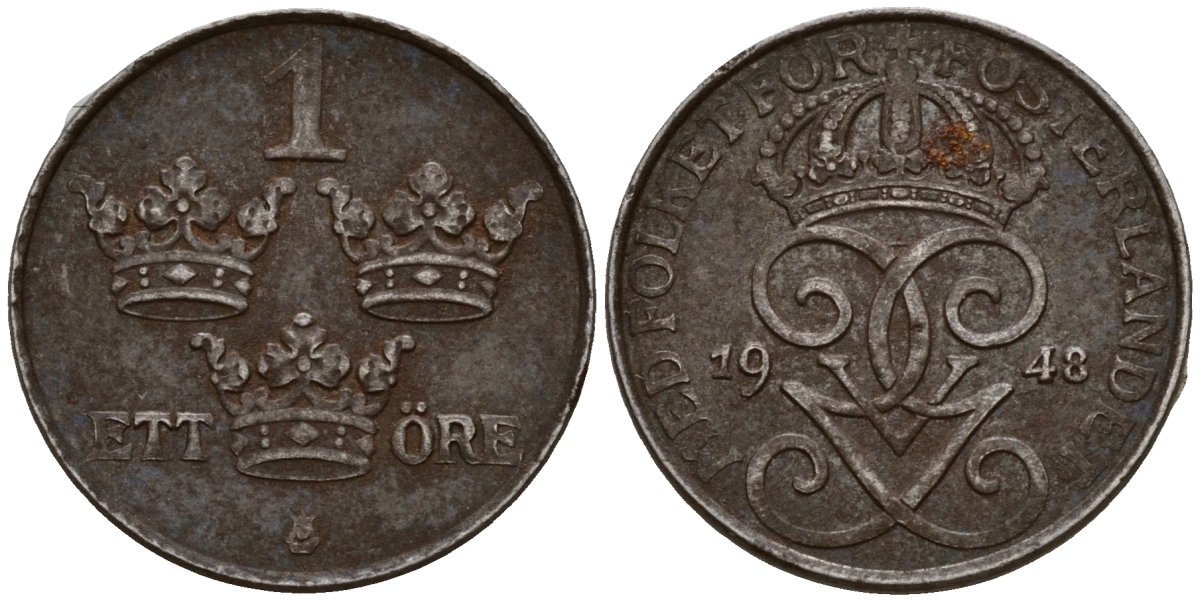 Дания 1 эре 1948 N; S, Фредерик IX (1947-1972) KM 839.1 цинк 4189-735