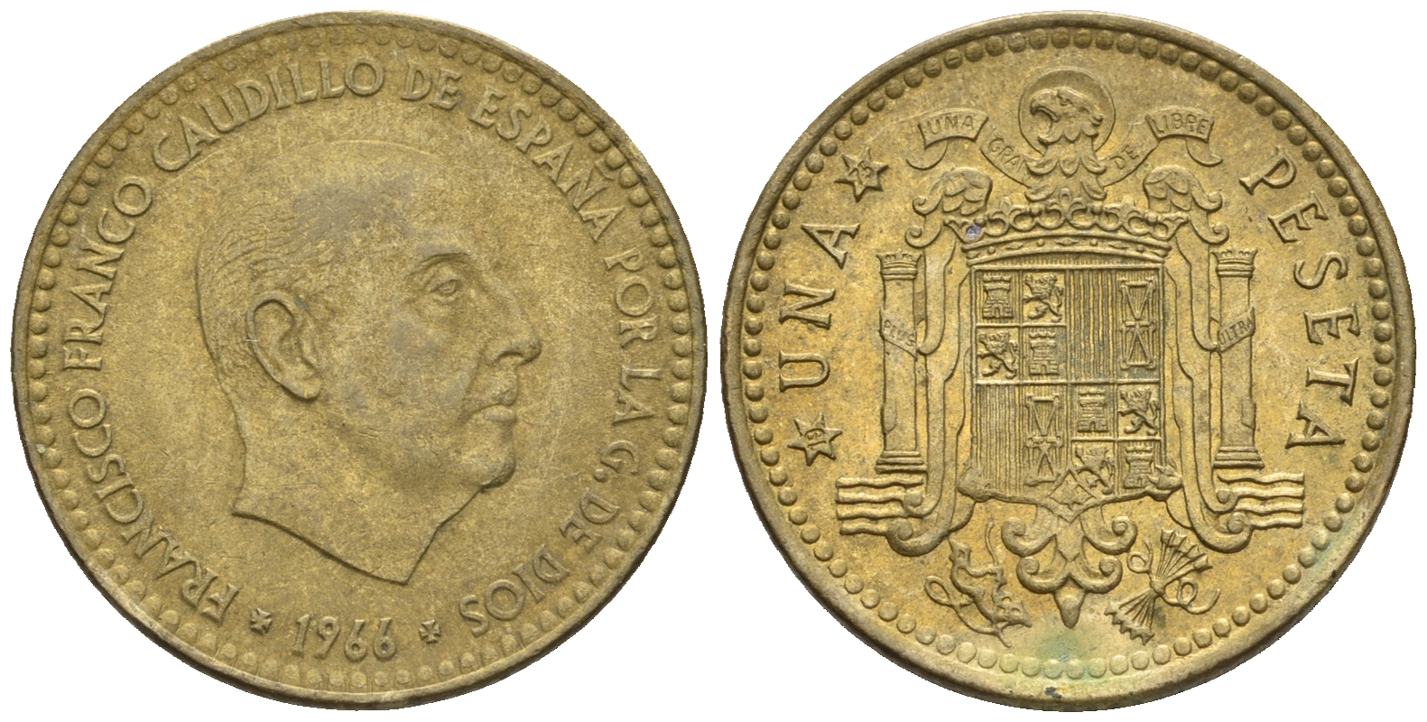 Испания 1 песета 1966 (75) Франциско Франко (1939-1975) КМ 796 алюминиевая бронза 85-656