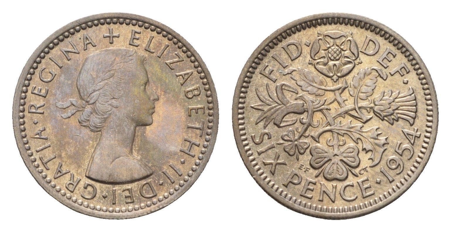 Великобритания 6 пенсов 1954 Елизавета II (1952-2022) KM 903 медно-никель aUNC 4697-959