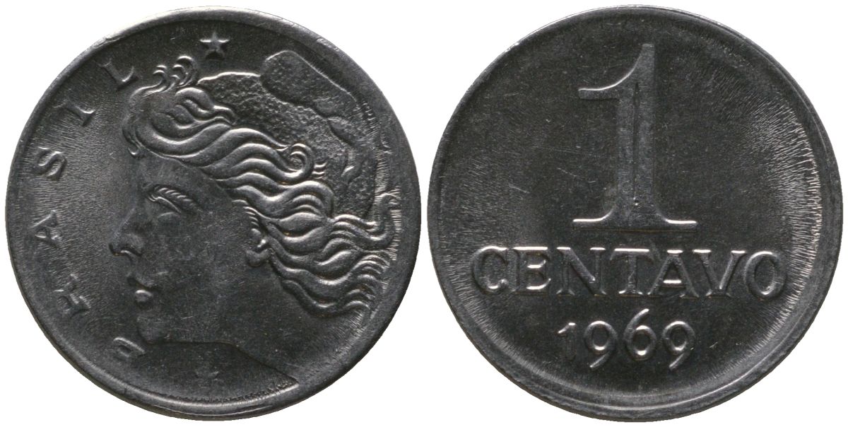 Бразилия 1 сентаво 1969 KM 575.2, Schon 80a нержавеющая сталь UNC 4567-844