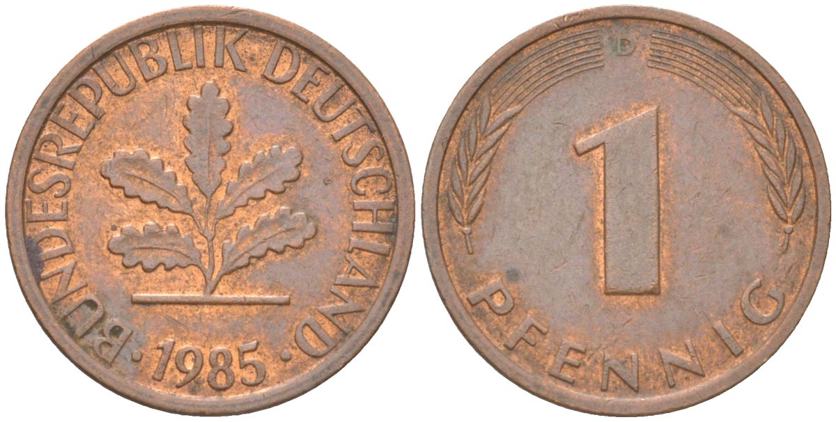 ФРГ 1 пфенниг 1985 D KM 105 сталь плакированная медью 4613-1212