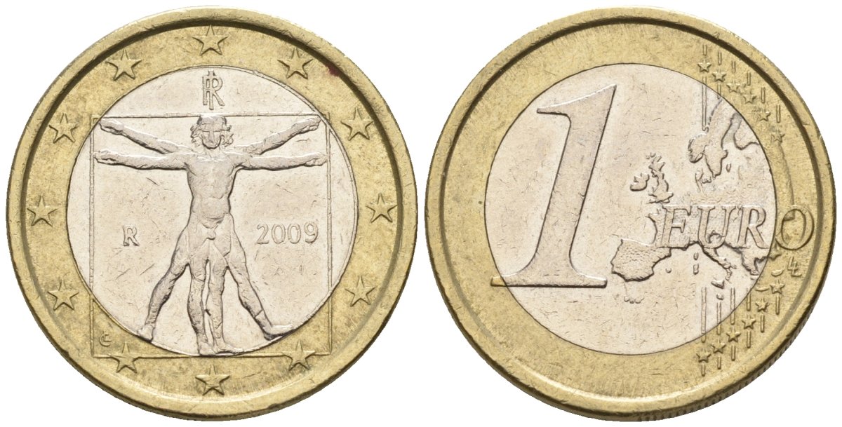Италия 1 евро 2009 Витрувианский человек KM 216 биметалл 4148-652