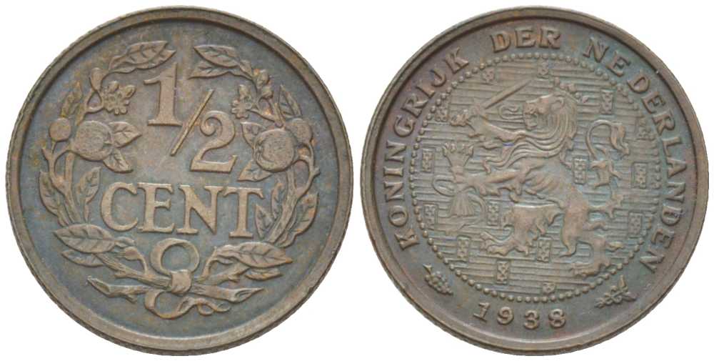 НИДЕРЛАНДЫ 1/2 ЦЕНТА 1938 ВИЛЬГЕЛЬМИНА (1890-1948) KM 138 бронза 211-711