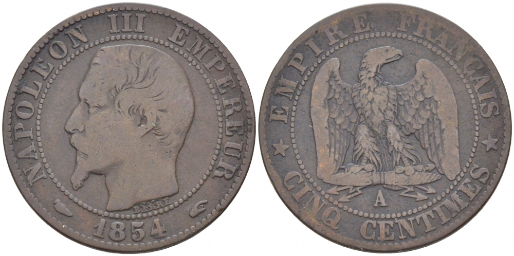 ФРАНЦИЯ 5 САНТИМОВ 1854 A, НАПОЛЕОН III (1852-1870) KM 777.1, LE FRANC 116.8 бронза 4448-1214
