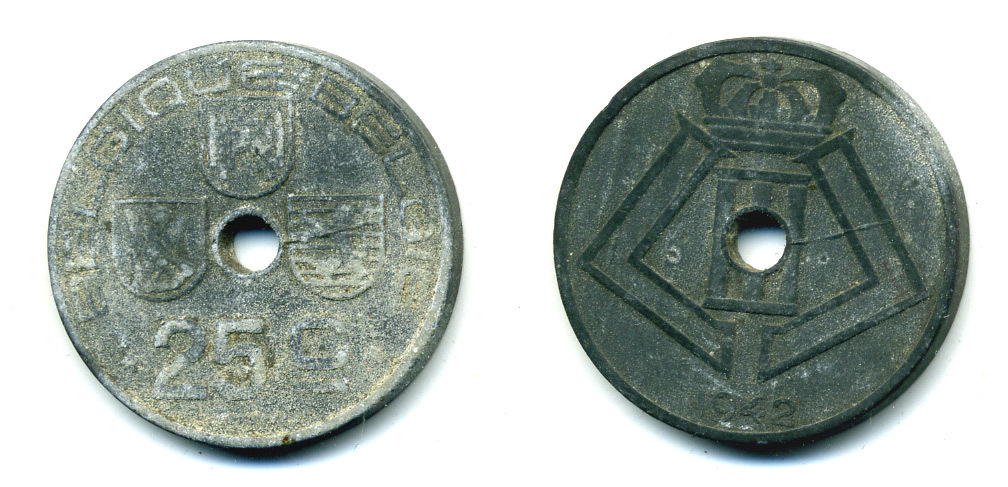 БЕЛЬГИЯ 25 САНТИМОВ 1942 BELGIQUE-BELGIE, ГЕРМАНСКАЯ ОККУПАЦИЯ, ВТОРАЯ МИРОВАЯ ВОЙНА KM 131 цинк 86-1021