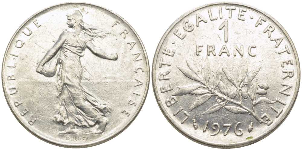 ФРАНЦИЯ 1 ФРАНК 1976 СЕЯТЕЛЬ KM 925.1, LE FRANC 226.21 никель 175-541