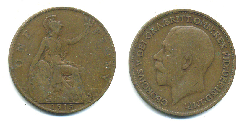 Великобритания 1 пенни 1915 Георг V (1910-1936) KM 810, Spink 4051 бронза 4383-626