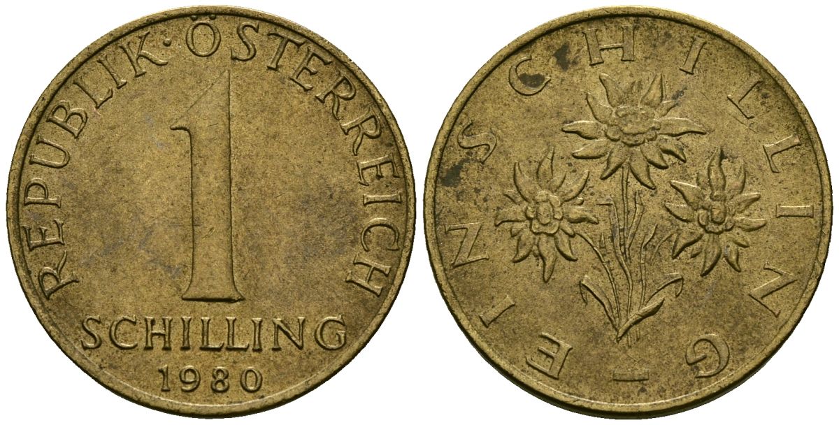 Австрия 1 шиллинг 1980 KM 2886 алюминиевая бронза 4138-436