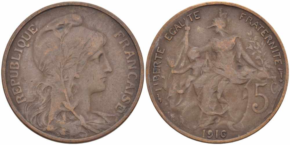 ФРАНЦИЯ 5 САНТИМОВ 1916 ТИП ДАНИЭЛЬ ДЮПЮИ, INCLUS KM 842, LE FRANC 119.29 бронза 108-951