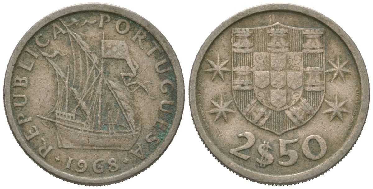 Португалия 2,5 эскудо 1968 KM 590 медно-никель 4621-429