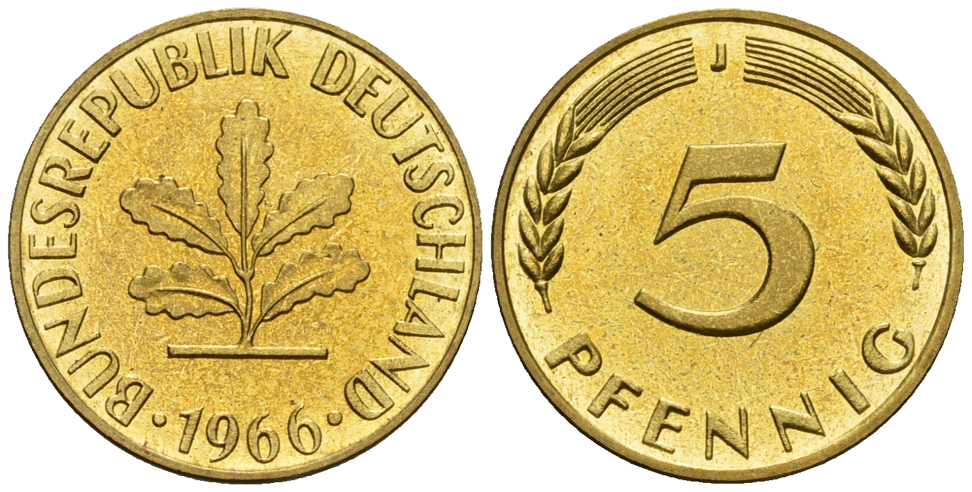 ФРГ 5 пфеннигов 1966 J KM 107, J. 382 сталь плакированная латунью PROOF 1094-7-14