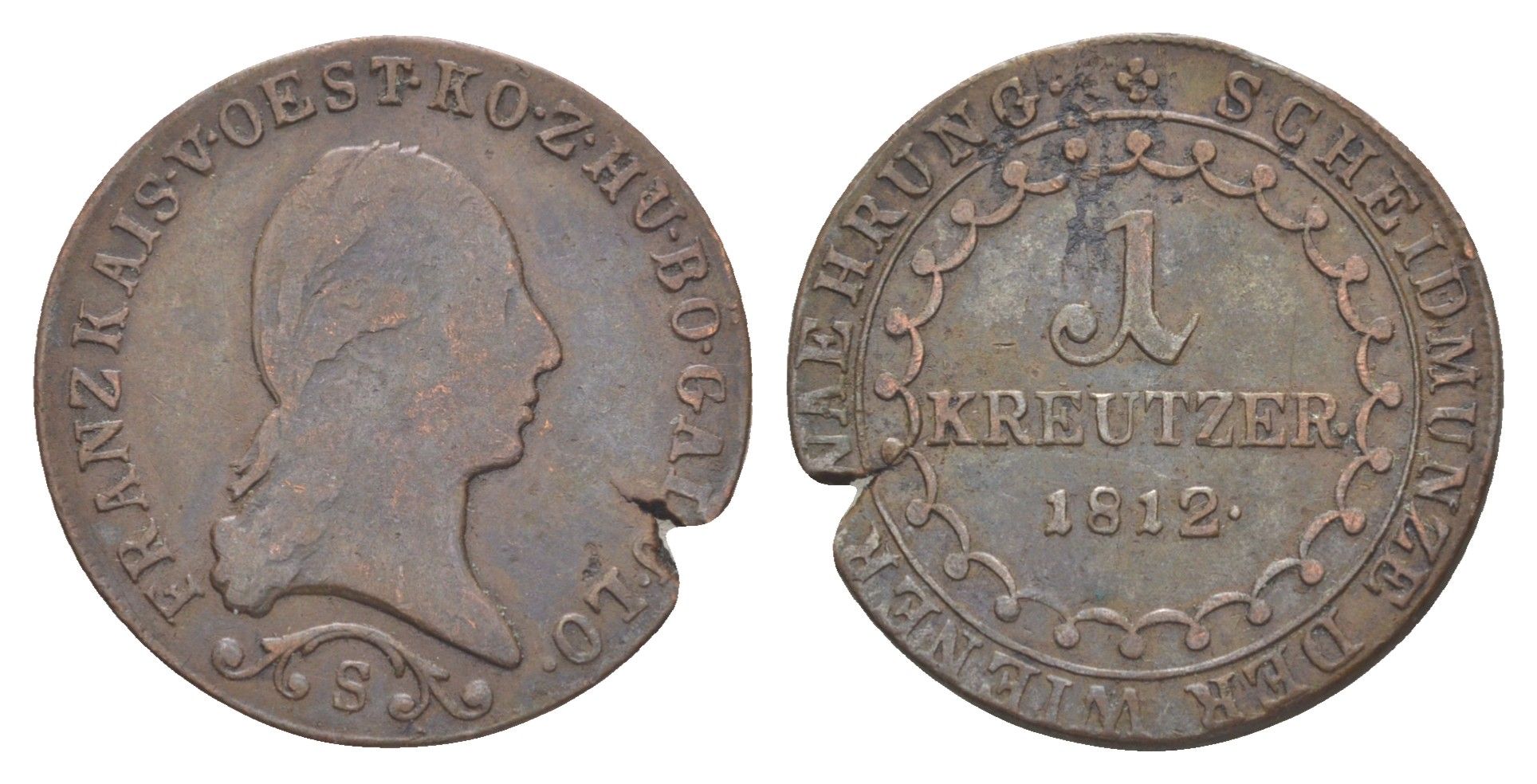 Австрия 1 крейцер 1812 S, Франц II (1792-1835) KM 2112 медь 4606-1136