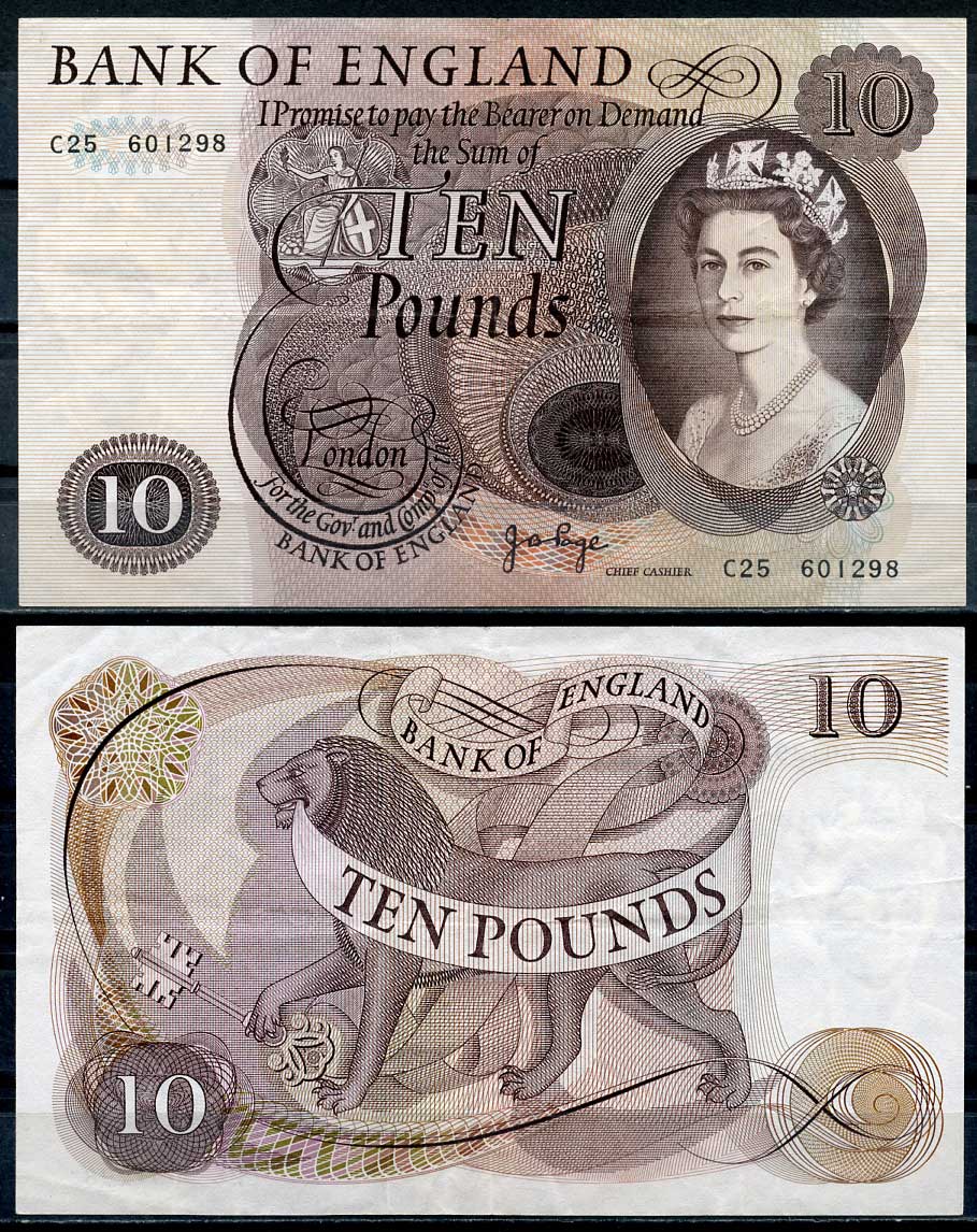 Англия 10 фунтов ND (1964-1975) Елизавета II (1952-2022), лев, подпись J.B. Page Pick 376c  бумага   451-195-2