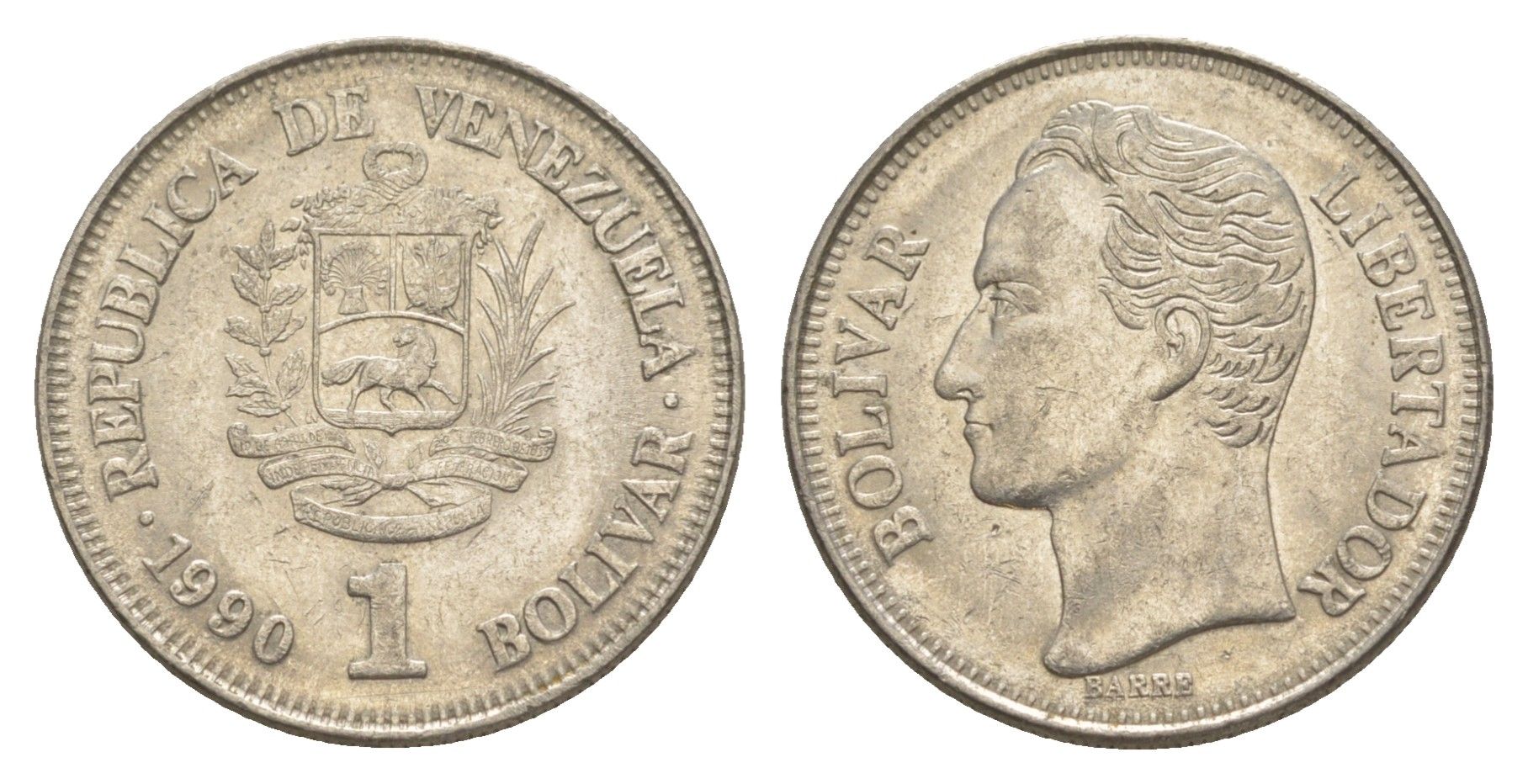 Венесуэла 1 боливар 1990 Симон Боливар, толстый шрифт Y 52a.2 сталь плакированная никелем 4591-617