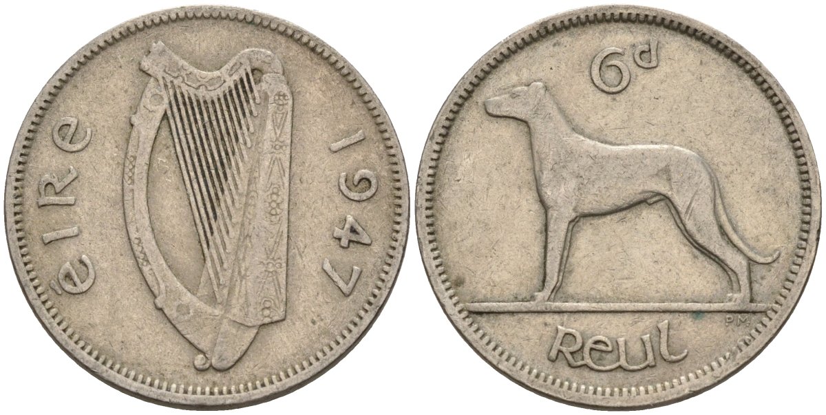 Ирландия 6 пенсов 1947 ирландский волкодав KM 13a медно-никель 4146-436