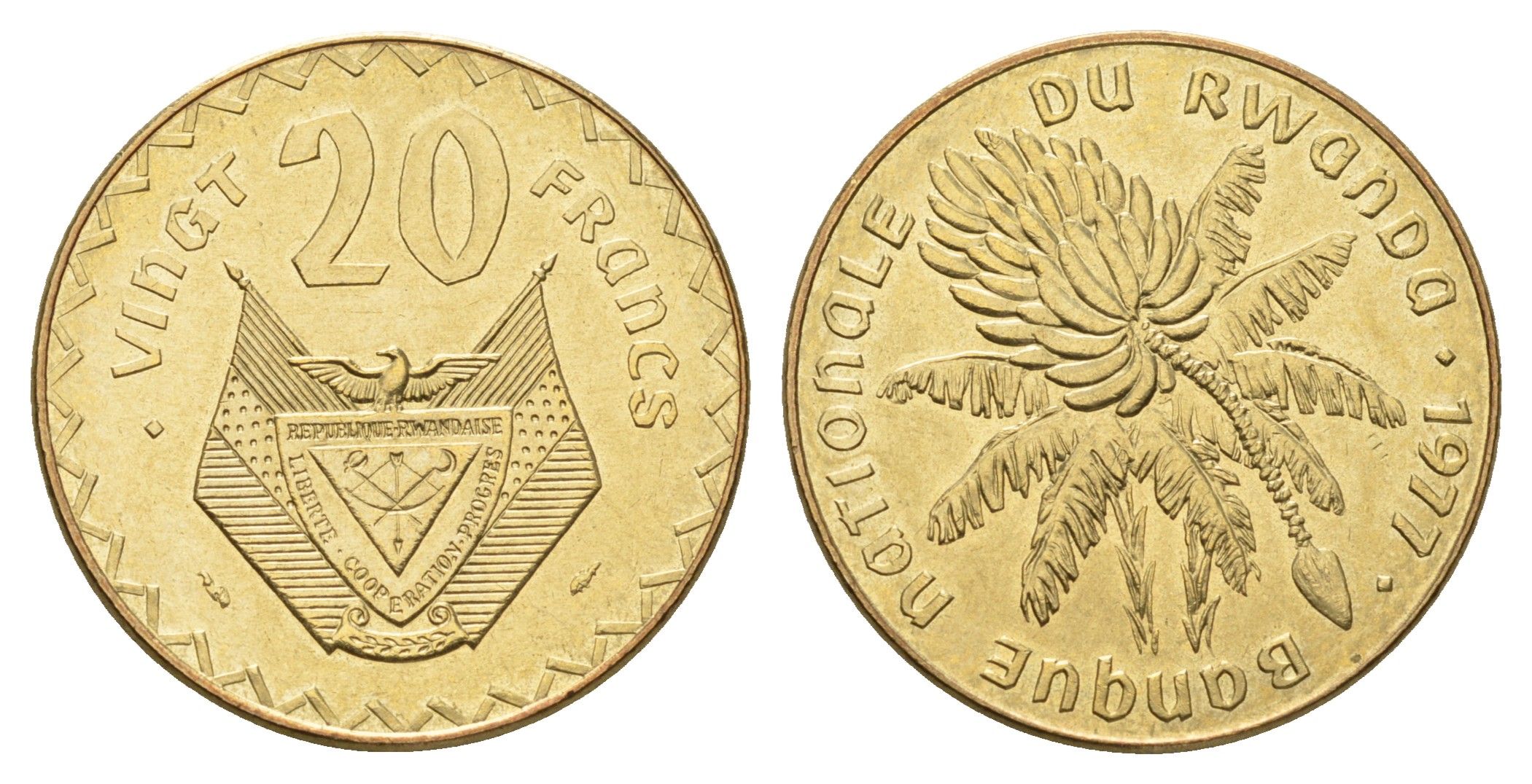 Руанда 20 франков 1977 год-тип KM 15 латунь UNC 4678-141