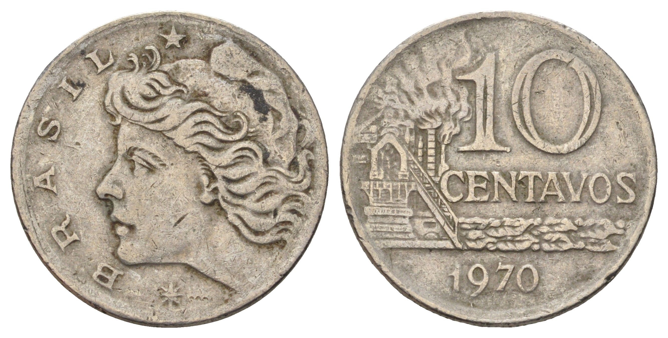 Бразилия 10 сентаво 1970 год-тип KM 578.2 медно-никель 4161-825