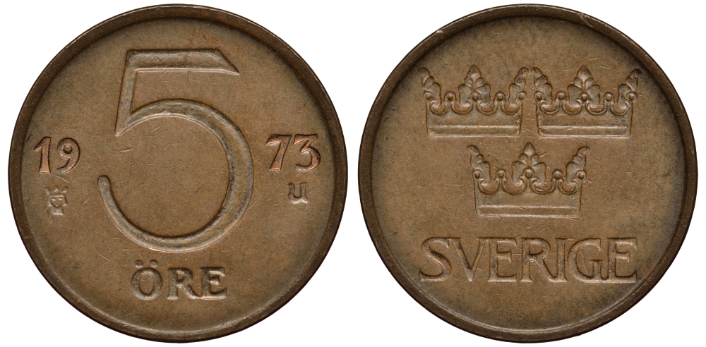 Швеция 5 эре 1973 U, Густав VI Адольф (1950-1973) KM 845 бронза VF 4181-357