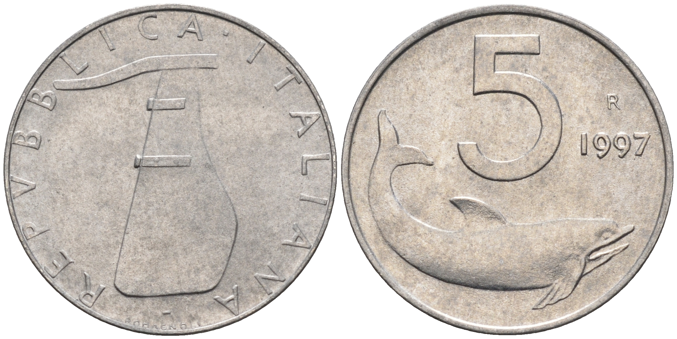 Италия 5 лир 1997 R, дельфин KM 92 алюминий  UNC  4594-667