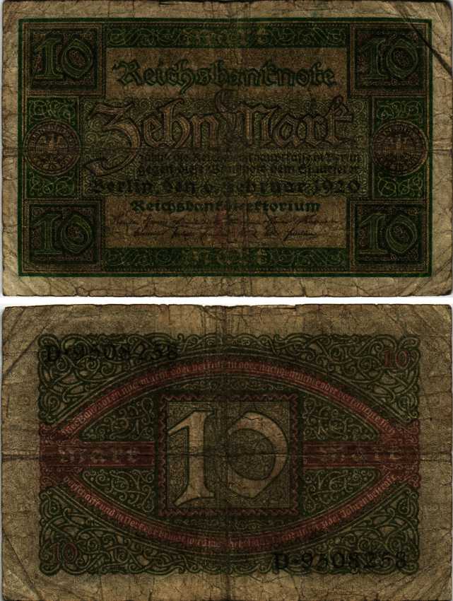 ГЕРМАНИЯ 10 МАРОК 1920 6 ФЕВРАЛЯ 1920, БУКВА C, СЕРИЯ D, СЕМЬ ЦИФР В НОМЕРЕ СЕРИИ Pick 67a, Rosenberg 63а бумага 7183-59-3-2