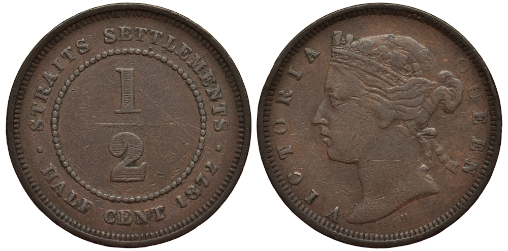 Стрейтс-Сетлментс 1/2 цента 1872 Виктория (1837-1901) KM 8 бронза 1524-1114