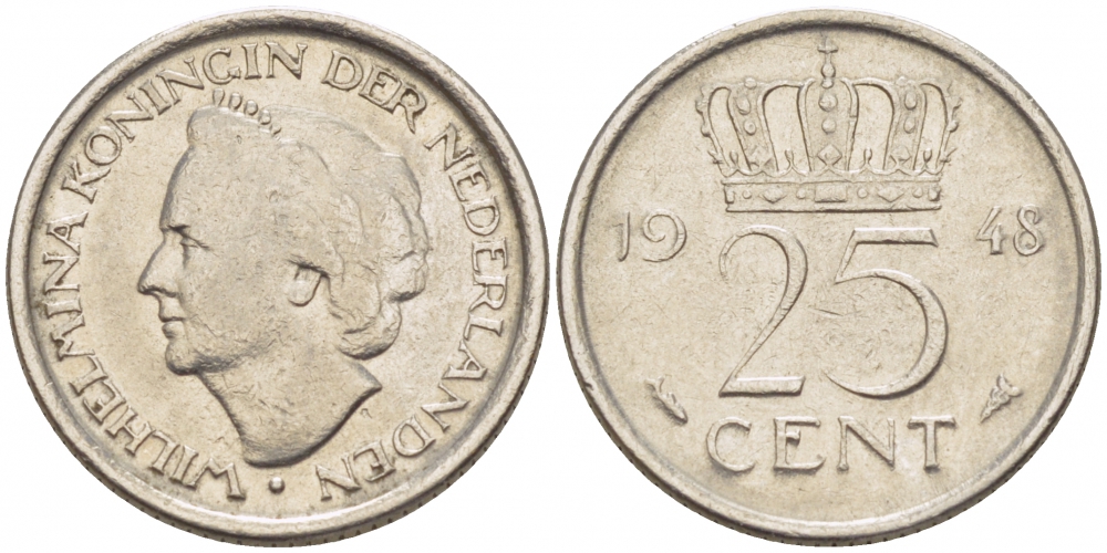 НИДЕРЛАНДЫ 25 ЦЕНТОВ 1948 ВИЛЬГЕЛЬМИНА KM 178 никель 3309-633