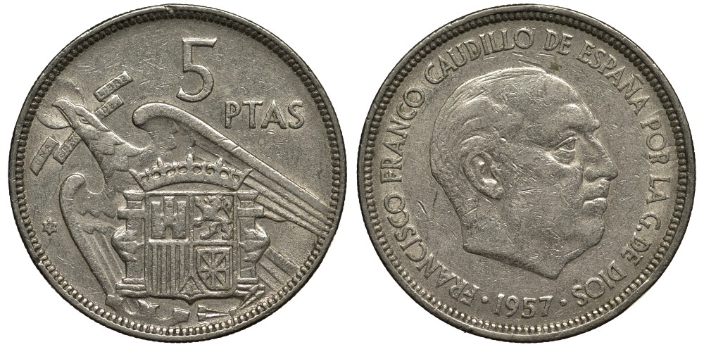 Испания 5 песет 1957 (59) Франко диктатор Испании (1939- 1975) KM 786 медно-никель 186-917