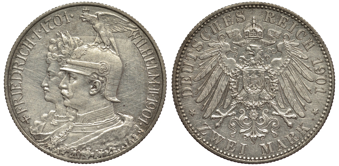 Пруссия 2 марки 1901 A, 200 лет Прусской королевской династии (Фридрих I - Вильгельм II) J.105, Weege 105, KM 525 серебро 02-014-44