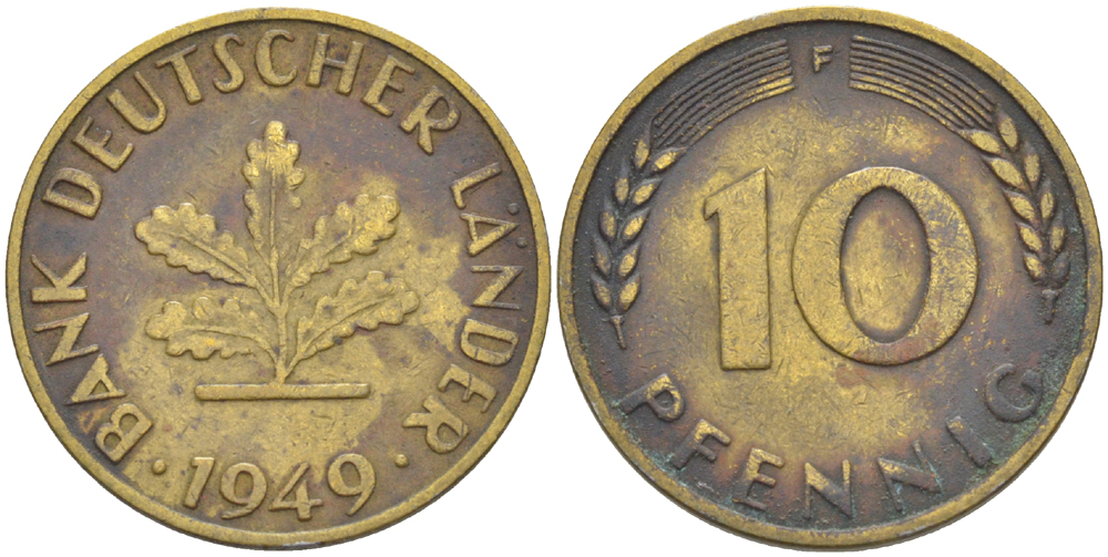 ФРГ 10 ПФЕННИГОВ 1949 F KM 103, J. 378 сталь плакированная латунью 77-842