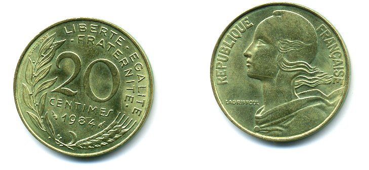 Франция 20 сантимов 1984 тип Marianne KM 930, Le Franс 156.24 медь алюминий никель 3999-747