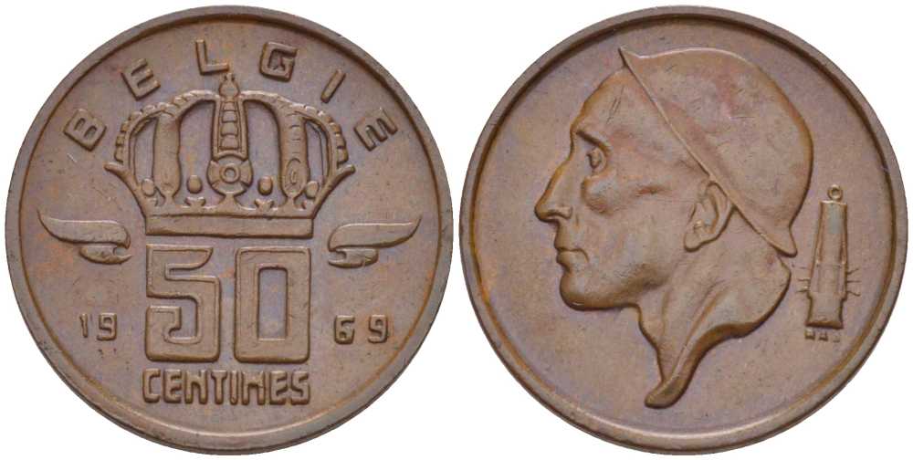 Бельгия 50 сантимов 1969 Belgie, Бодуэн I (1951-1993) KM 149.1 бронза 214-213
