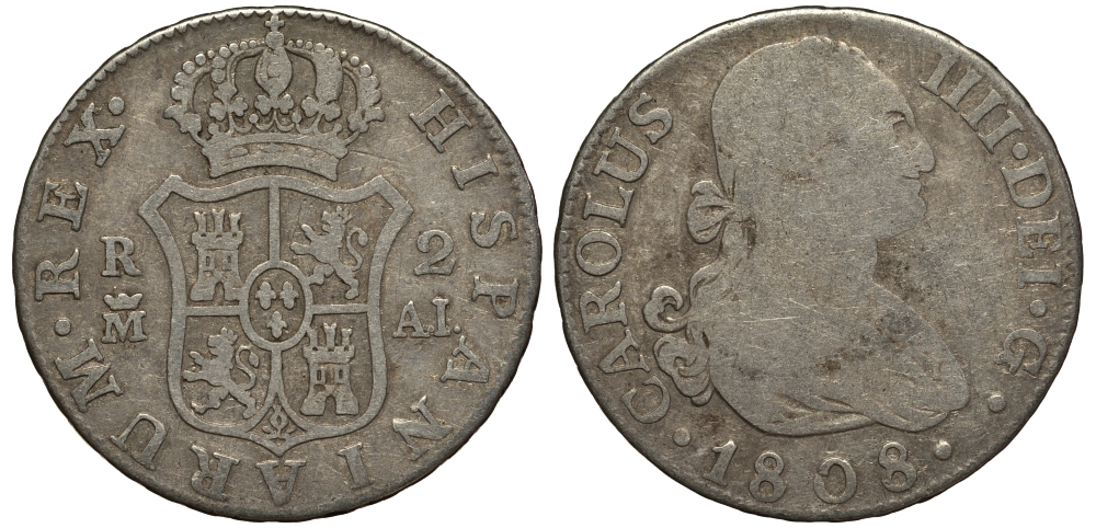 Испания 2 реала 1808 M AL, мондвор (Мадрид), Карлос IIII (1788-1808) KM 430.1 ( C69.1) серебро 650-813