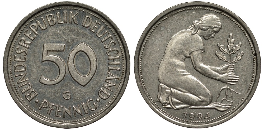 ФРГ 50 пфеннигов 1994 G, монетный двор Карлсруэ KM 109.2, J. 384а медно-никель 186-834