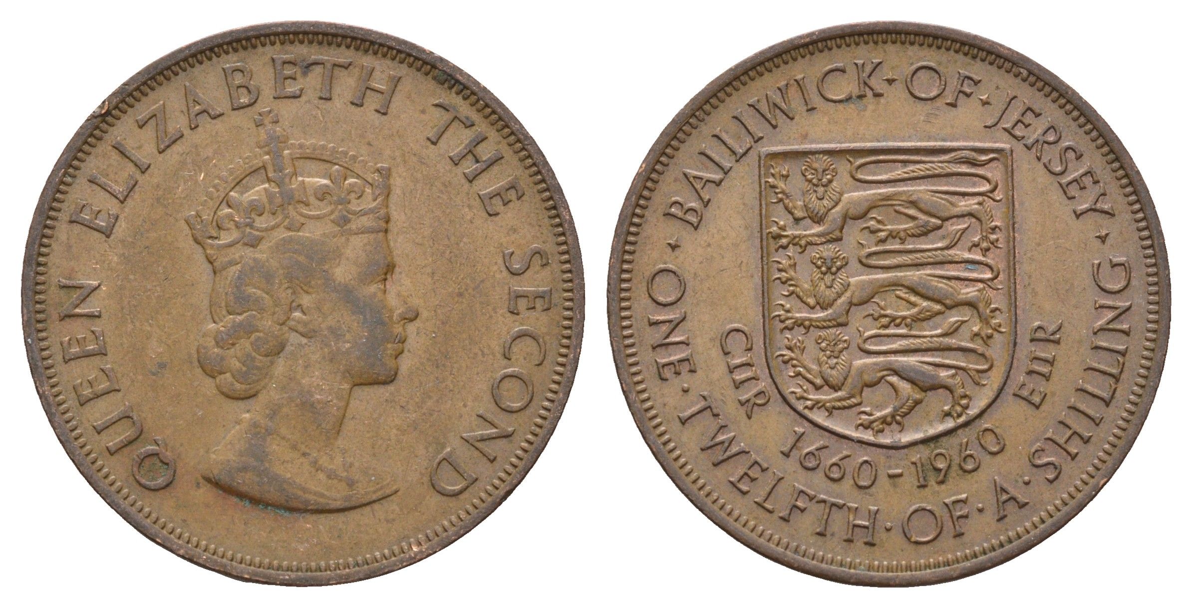 Джерси 1/12 шиллинга 1960 Елизавета II (1952-2022), 300 лет вступления на престол короля Карла II KM 23 бронза 4178-1015