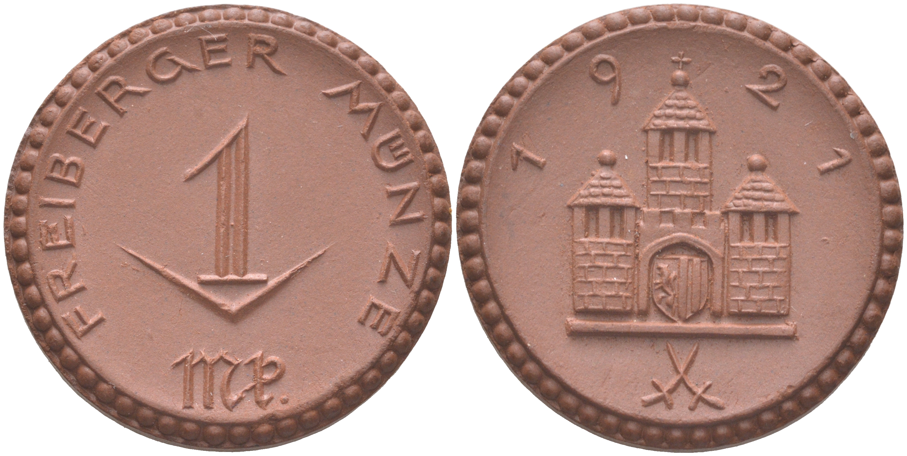 Фрайберг 1 марка 1921 с крестом на центральной башне Men05# 8084.12, Men18# 10080.12 фарфор  UNC  1085-10-15