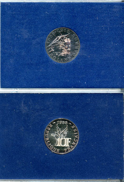 Франция 10 франков 1988 100 лет со дня рождения Ролан Гарроса (1888-1918), самолет, в оригинальной упаковке KM 965b серебро  PROOF  1-6-4-20