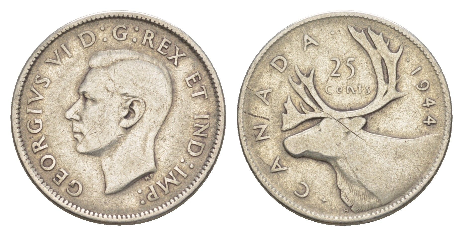 Канада 25 центов 1944 Георг VI (1936-1952), олень KM 35 серебро 4631-853