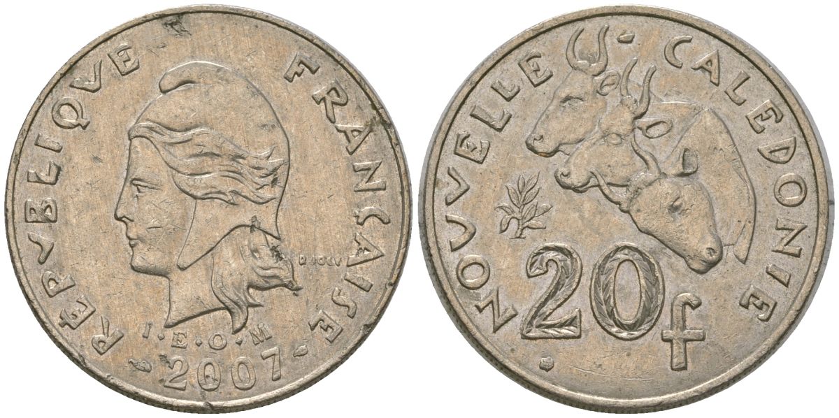 Французская Новая Каледония 20 франков 2007 три быка, (IEOM) KM 12a, Schoen 14a медно-никель 4131-826