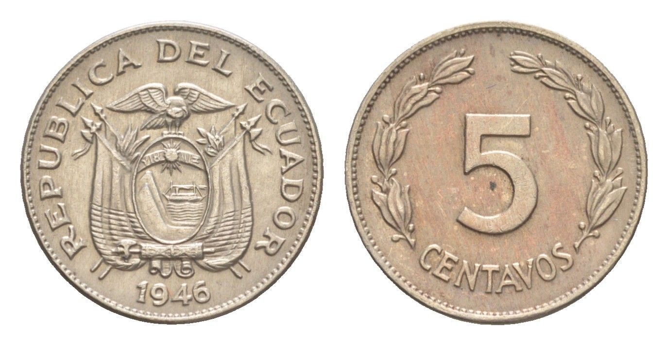 Эквадор 5 сентаво 1946 KM 75b медно-никель 4640-1128