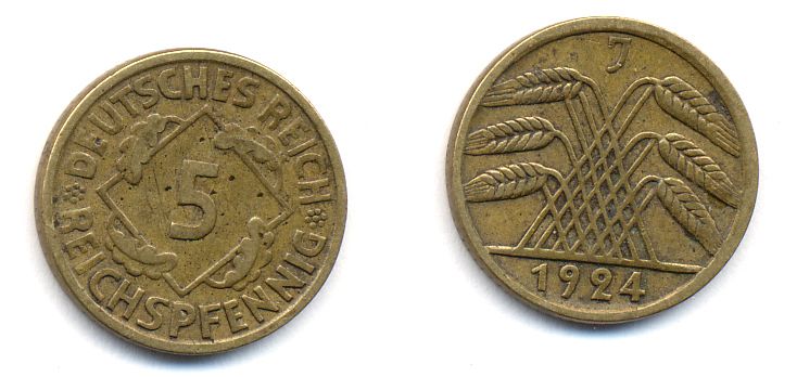 ГЕРМАНИЯ 5 РЕЙХСПФЕННИГОВ 1924 J, KM 39, J. 316 алюминиевая бронза 35-353