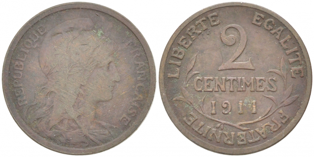 ФРАНЦИЯ 2 САНТИМА 1911 ТРЕТЬЯ РЕСПУБЛИКА (1871-1940) KM 841 бронза 3955-259