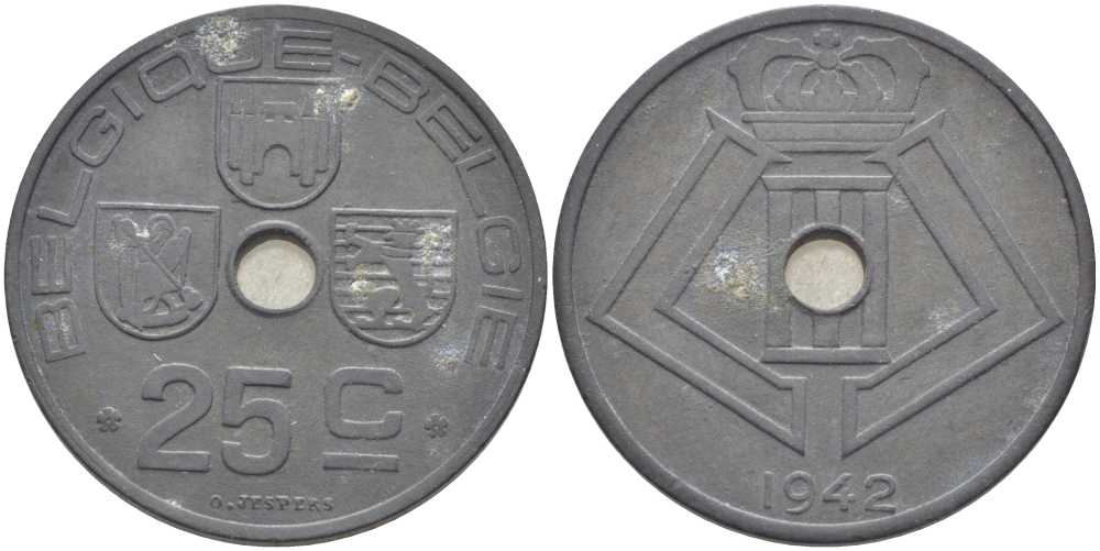 БЕЛЬГИЯ 25 САНТИМОВ 1942 BELGIQUE-BELGIE, ГЕРМАНСКАЯ ОККУПАЦИЯ, ВТОРАЯ МИРОВАЯ ВОЙНА, ЛЕОПОЛЬД III (1934-1950) KM 131 цинк 119-354