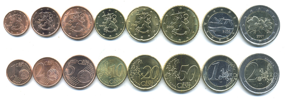 Финляндия евронабор из 8 монет 1999-2002 (1, 2, 5, 10, 20, 50 евроцентов, 1, 2 евро) UNC N5-49
