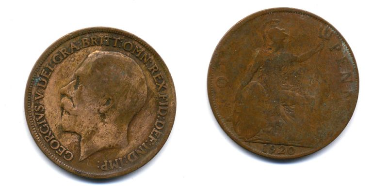 Великобритания 1 пенни 1920 Георг V (1910-1936) КМ 810, Spink 4051 бронза 47-343