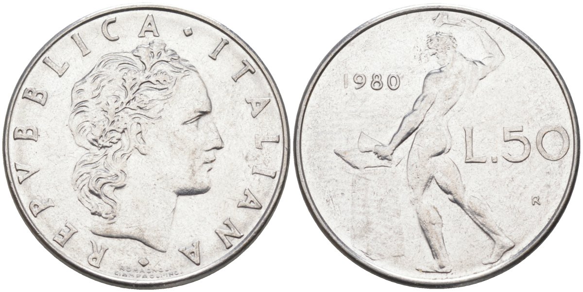 Италия 50 лир 1980 R, Бог огня Вулкан у наковальни KM 95.1 нержавеющая сталь 4529-312