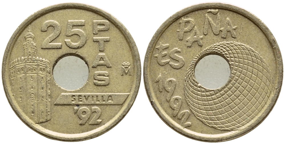 Испания 25 песет 1992 золотая башня в Севилье, EXPO 1992, Хуан Карлос I (1975-2014) KM 905 никель-бронза 4397-557