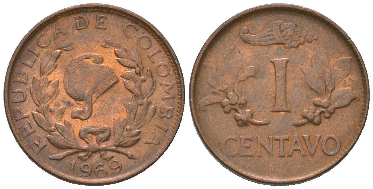 Колумбия 1 сентаво 1969 KM 205а сталь плакированная медью 4668-1166