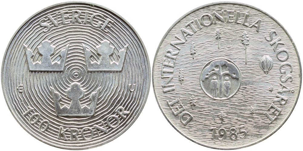 Швеция 100 крон 1985 Карл XVI Густав (1973- ), Международный год защиты лесов KM 866 серебро UNC 1072-5-33