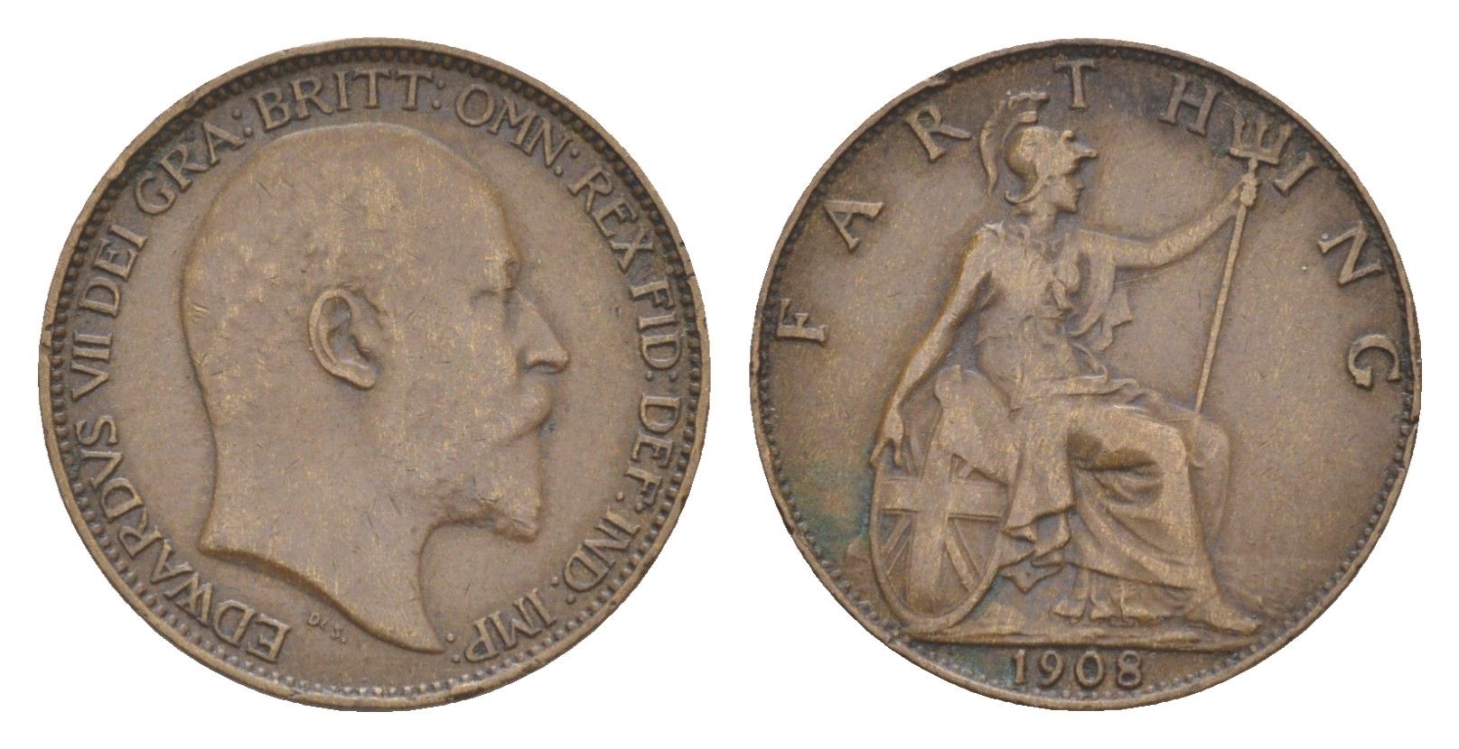 Великобритания 1 фартинг 1908 Эдуард VII (1901-1910) KM 792, Spink 3992 бронза 4630-219